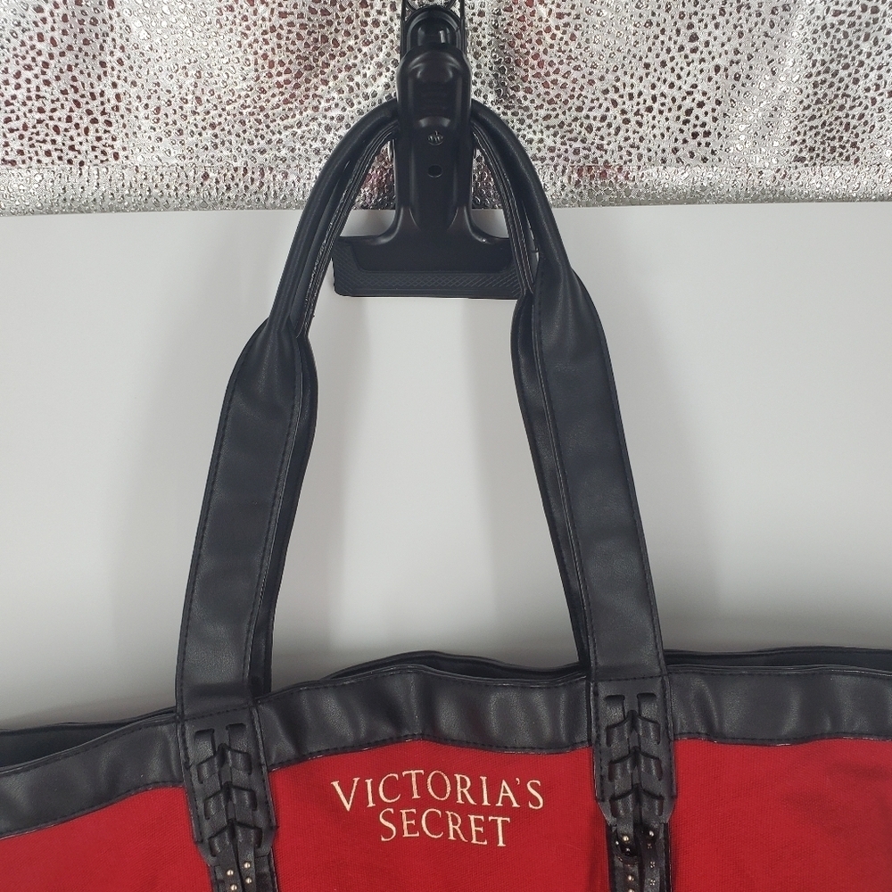Victoria's Secret Large Red Canvas Tote Bag Black Faux Leather Studded Tassels - Picture 7 of 8